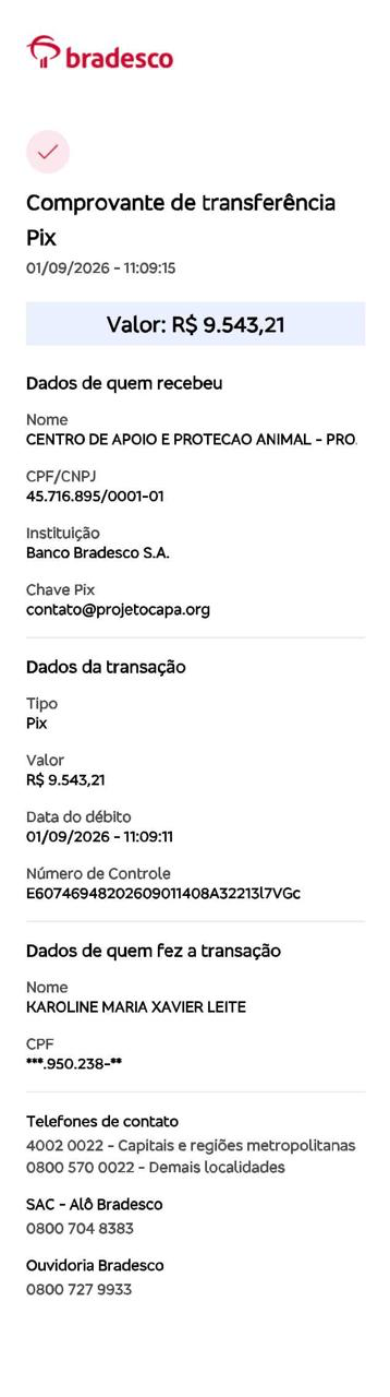 Comprovante de transferência PIX da doação ao Projeto Capa